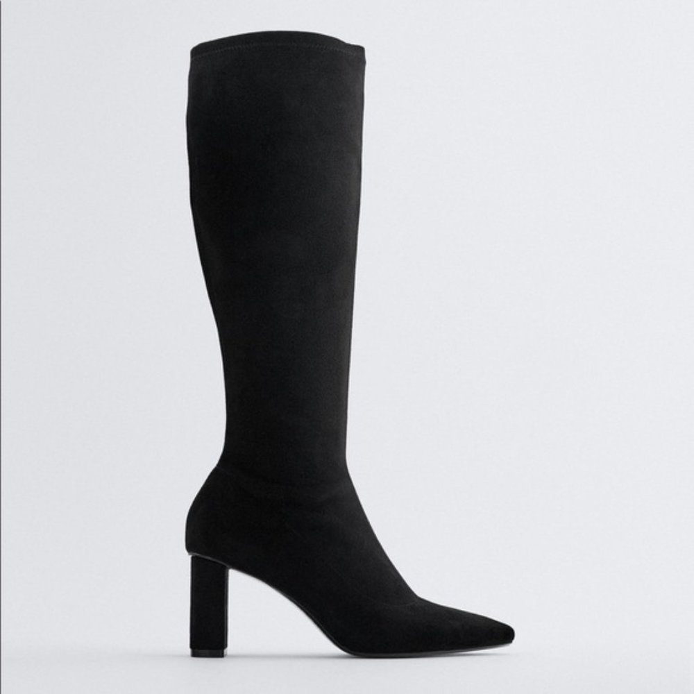 Zara FAUX SUEDE HEELED BOOTS BLACK Size 8
